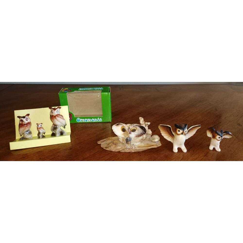 Lot of 6 Miniature Vintage Owl Family Figurine Resin Seashell Wood Bone China